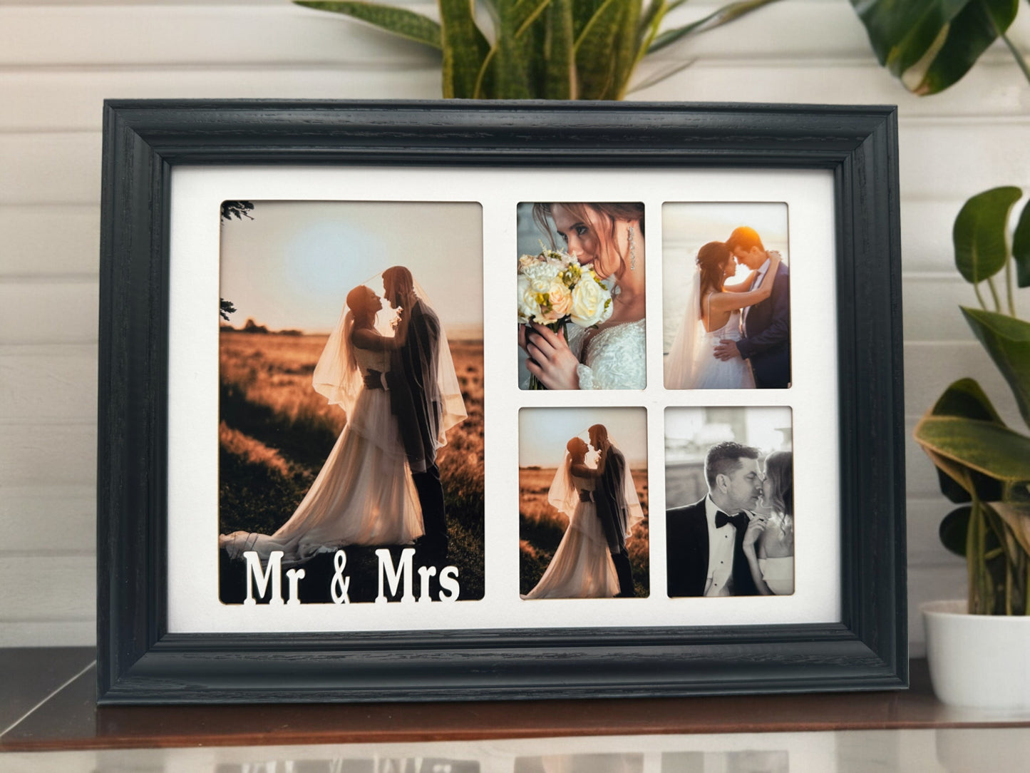 Custom Mr & Mrs wedding photo collage with four wallet-sized photos Personalized Wedding Picture Frame