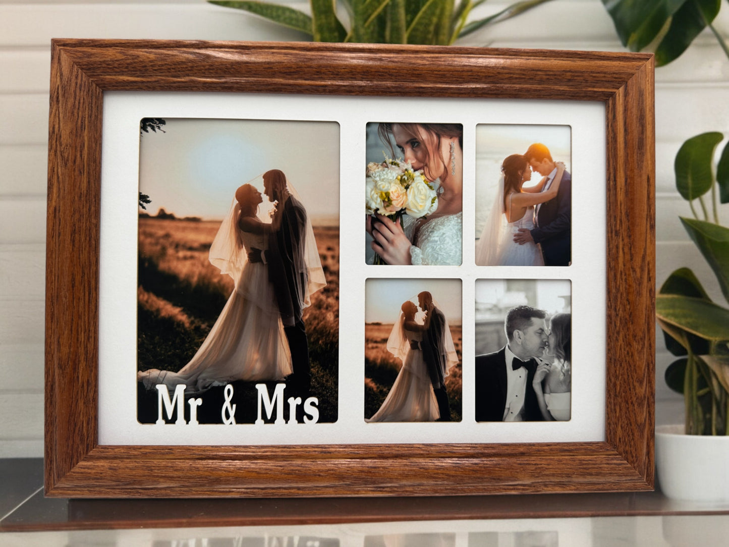 Walnut wedding keepsake frame with rose platinum mat insert Personalized Wedding Picture Frame