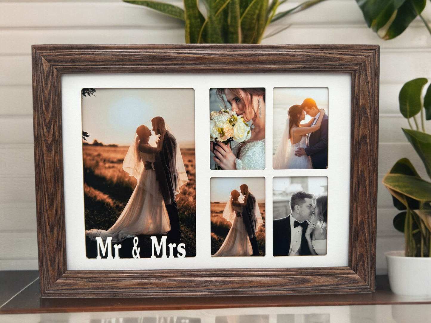 Handmade oak wood wedding frame with white woodgrain mat Personalized Wedding Picture Frame