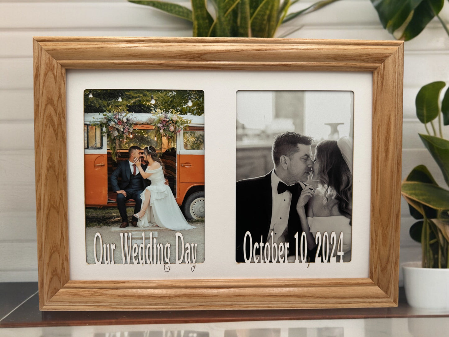 Walnut wedding date frame with bright white mat insert Personalized Wedding Picture Frame