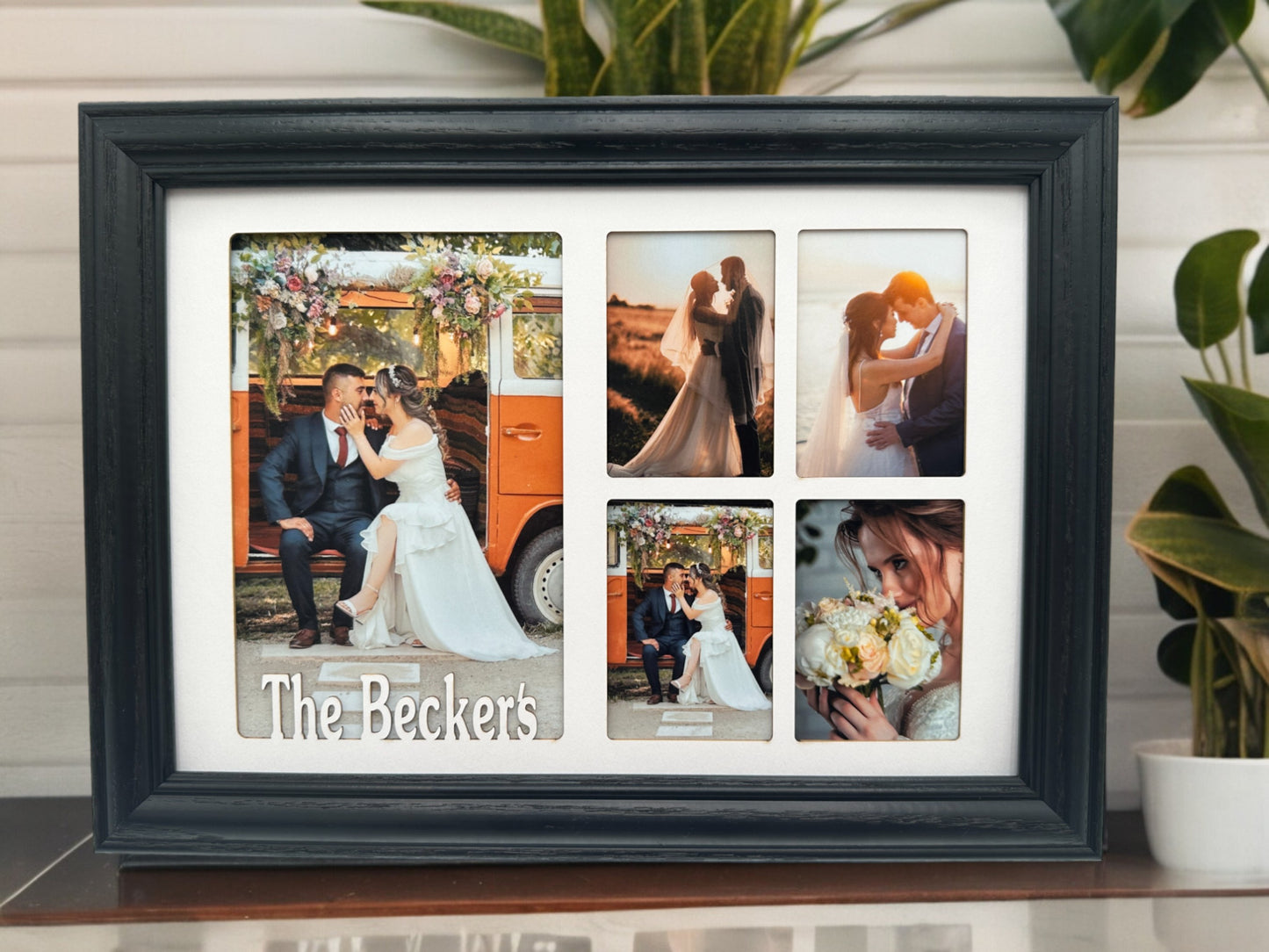 Custom wedding photo collage frame with four wallet-sized photos Personalized Wedding Picture Frame