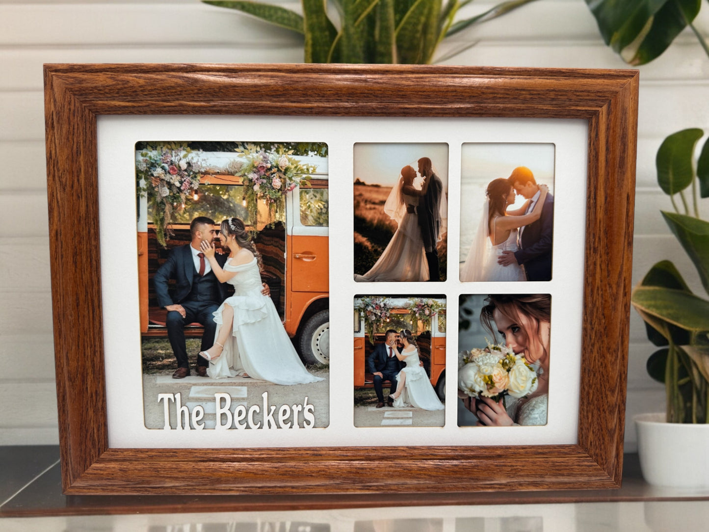 Walnut anniversary frame with rose platinum mat insert Personalized Wedding Picture Frame