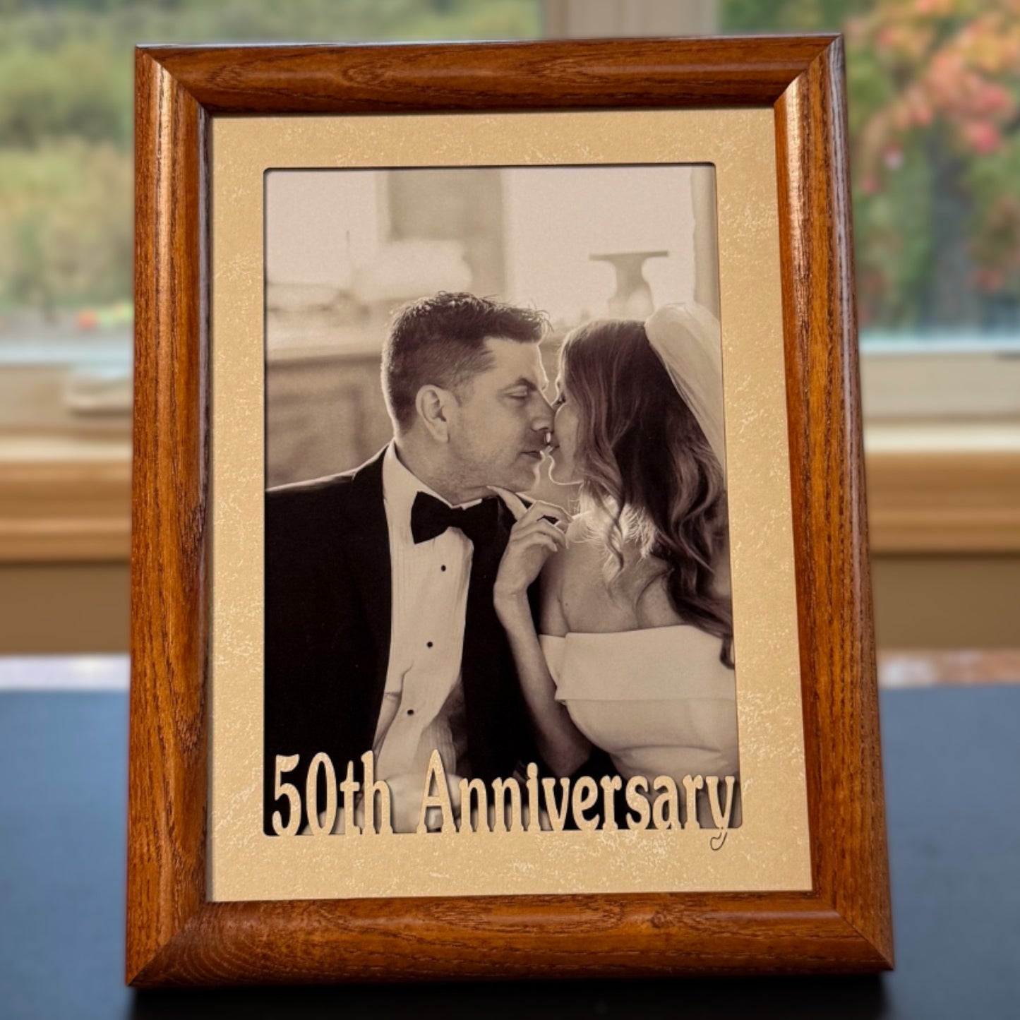 Anniversary picture frame displayed in portrait layout with walnut finish