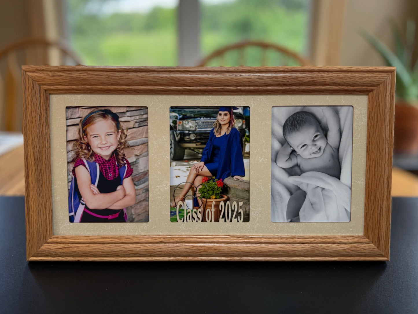 Custom Graduation Frame Triple Centered Elegant graduation keepsake frame displayed in landscape orientation