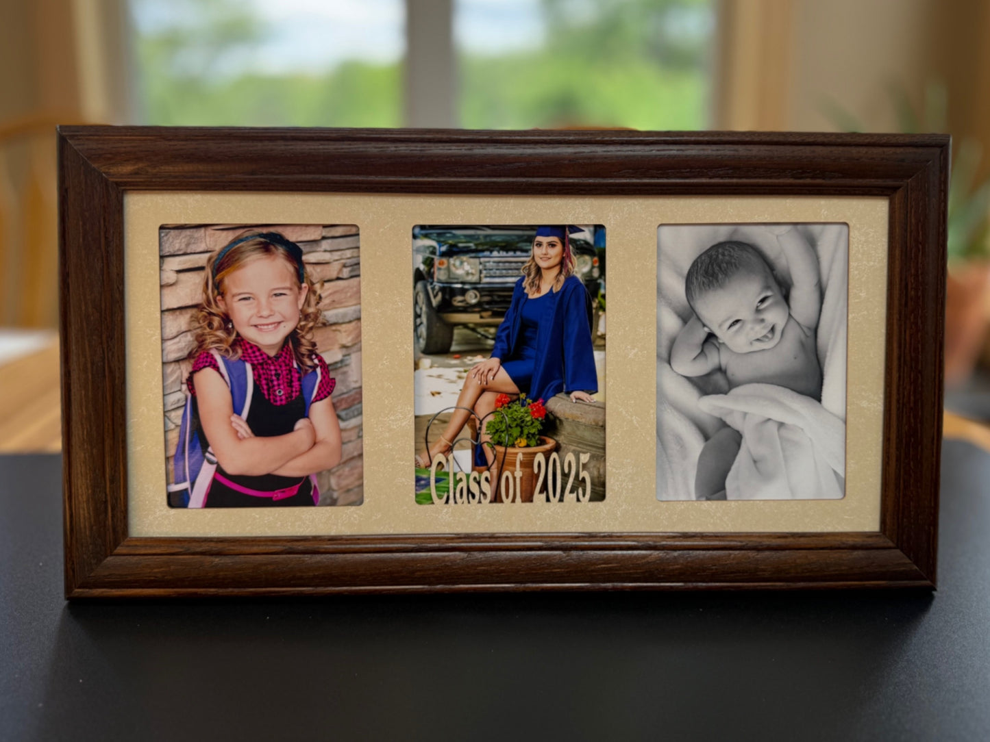 Custom Graduation Frame Triple Centered Large 8x17 graduation frame fitting three full-size 5x7 photos