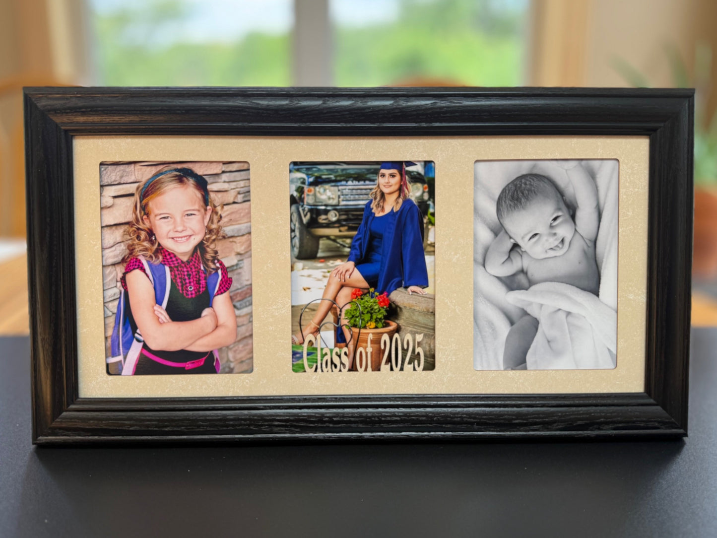 Custom Graduation Frame Triple Centered Personalized graduation photo collage holding wallet-sized photos
