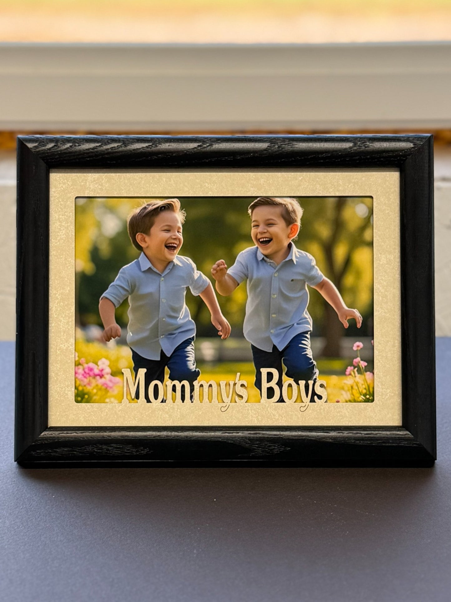 “Mommy’s Girls” picture frame with walnut finish on tabletop Mom Picture Frame