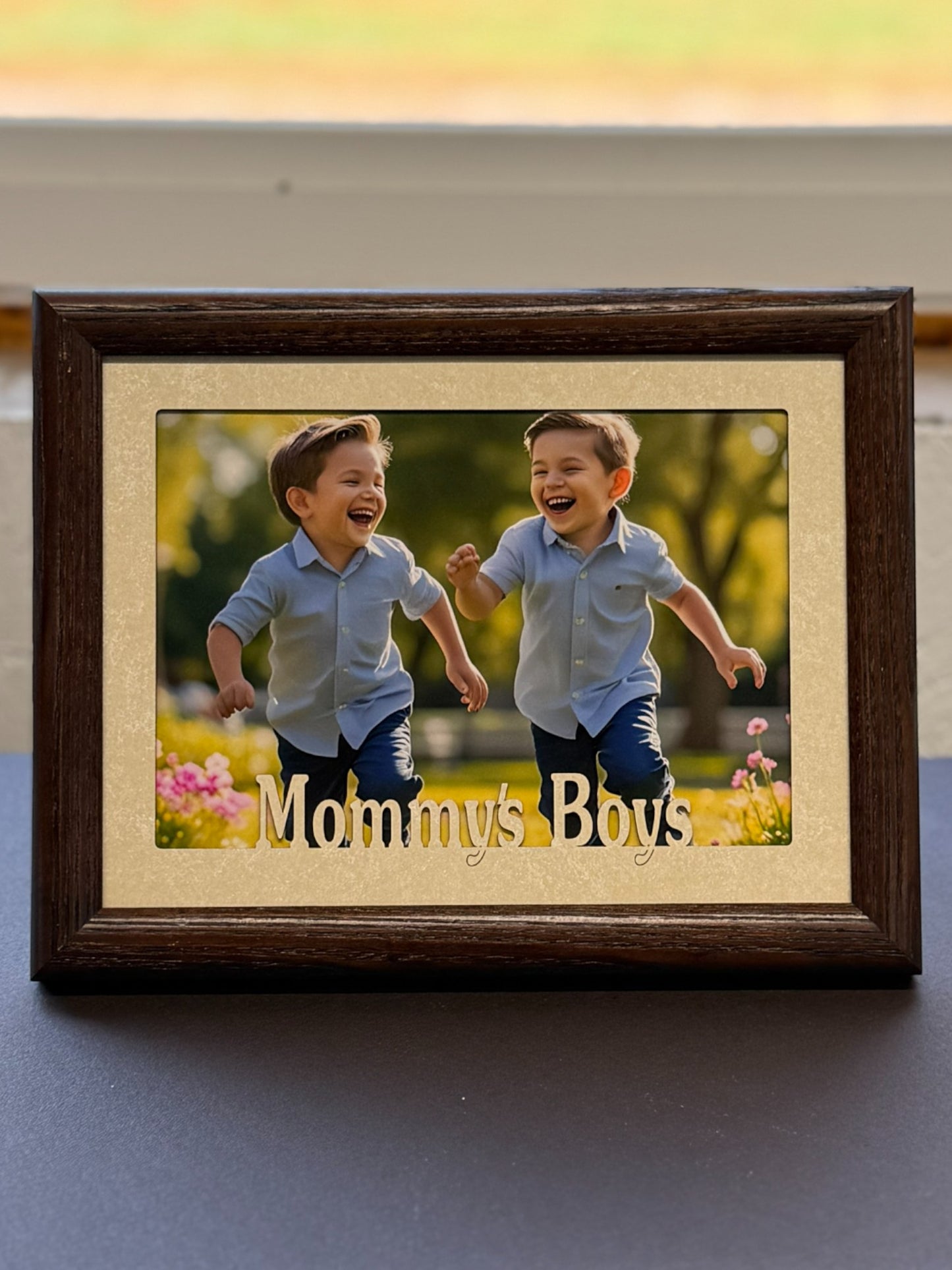 Handmade oak wood photo frame with “Mommy’s Boy” text in portrait layout Mom Picture Frame