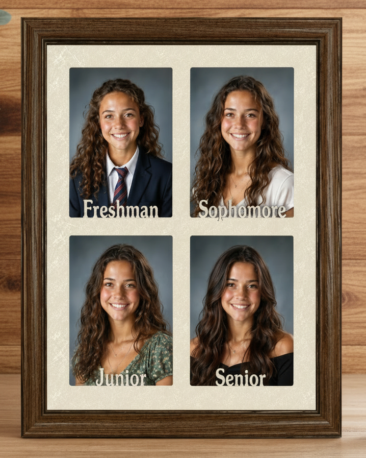 A framed four-photo portrait collage stands on a wooden surface in a bright indoor setting. The dark brown frame contains four portrait sections with the labels Freshman, Sophomore, Junior, and Senior on a cream mat.