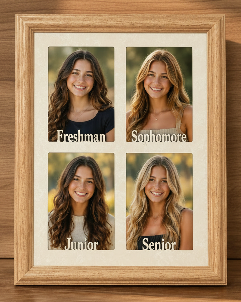 A wooden four-photo portrait frame displayed on a wooden surface, featuring four portrait slots with the labels Freshman, Sophomore, Junior, and Senior.