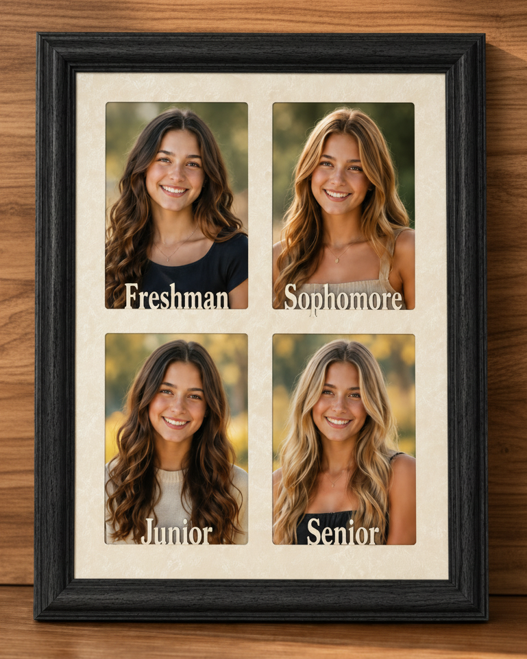 A black-framed portrait photo collage standee featuring four portrait slots with the labels Freshman, Sophomore, Junior, and Senior, displayed on a wooden surface.