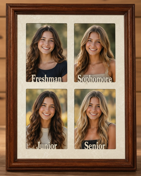 A personalized wooden picture frame with a dark brown finish and cream mat, featuring four portrait slots labeled Freshman, Sophomore, Junior, and Senior. The frame is displayed on a wooden surface with a blurred indoor background.