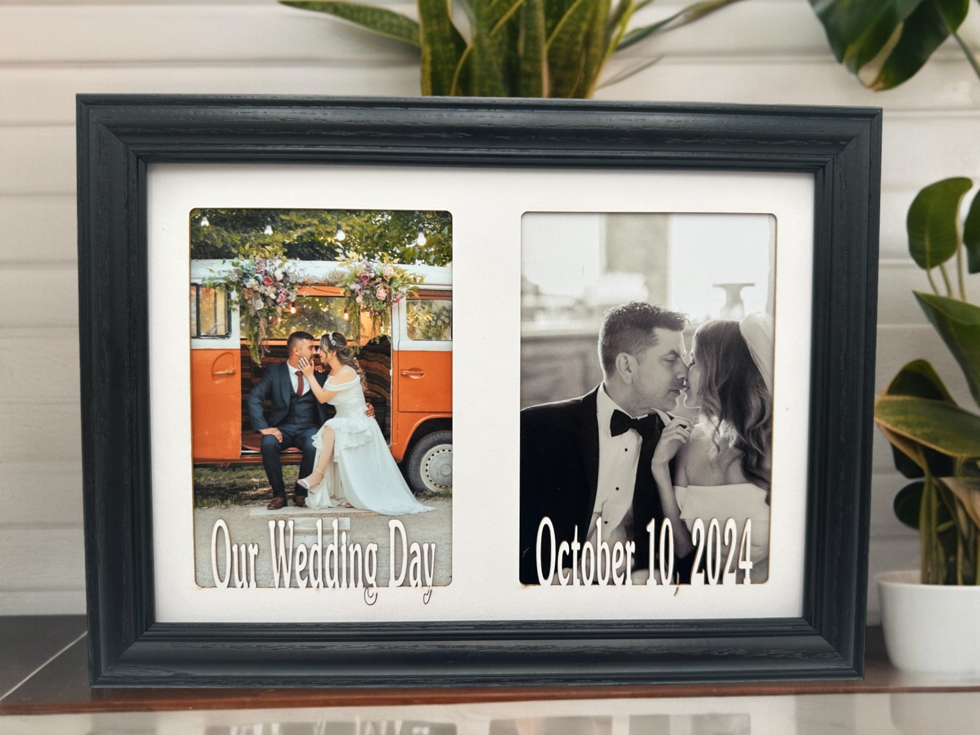 Handmade oak wood wedding frame with two 4x6 photos in portrait style Personalized Wedding Picture Frame