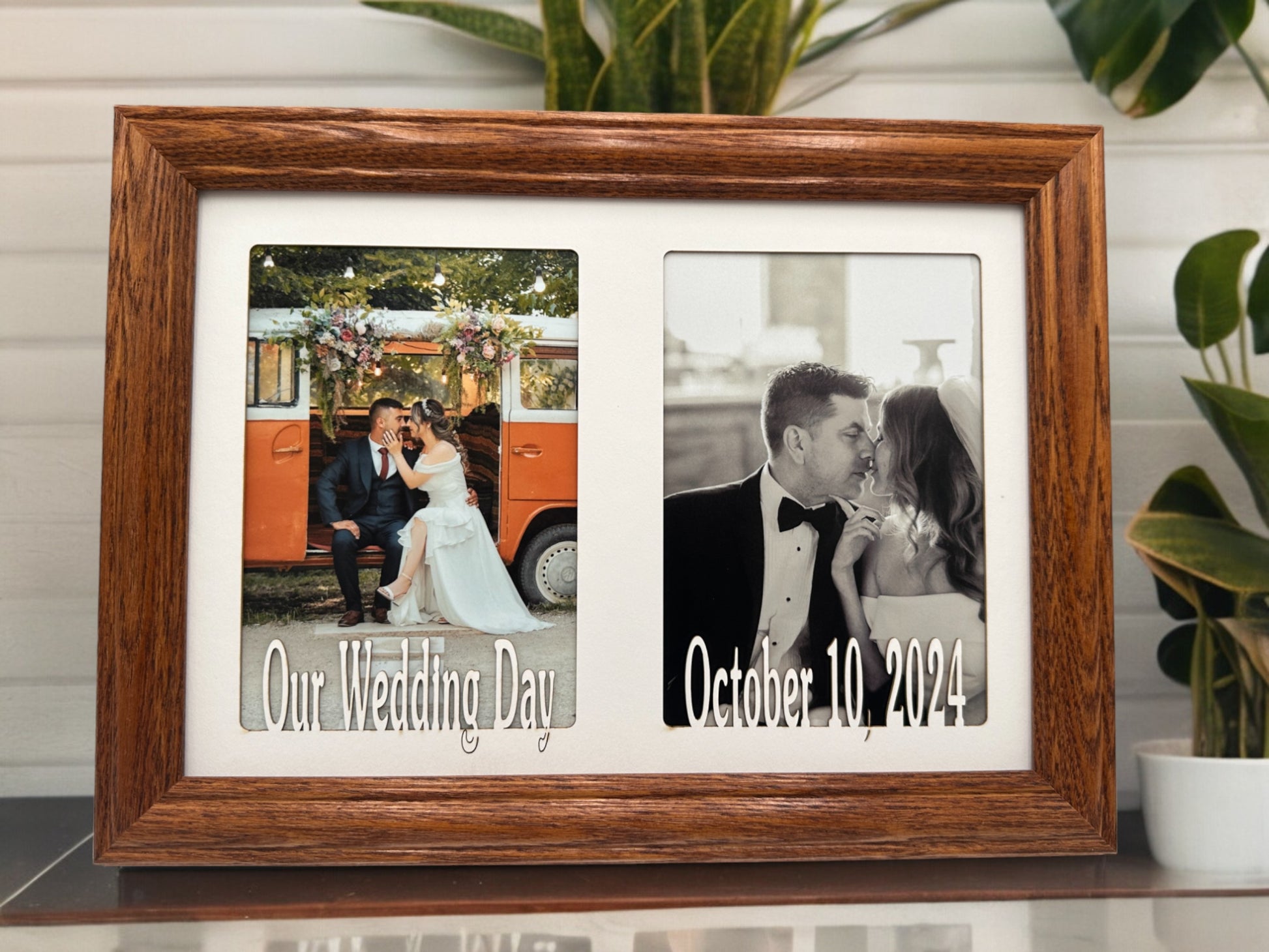 Custom 8x10 wedding frame holding two 5x7 photos in landscape layout Personalized Wedding Picture Frame