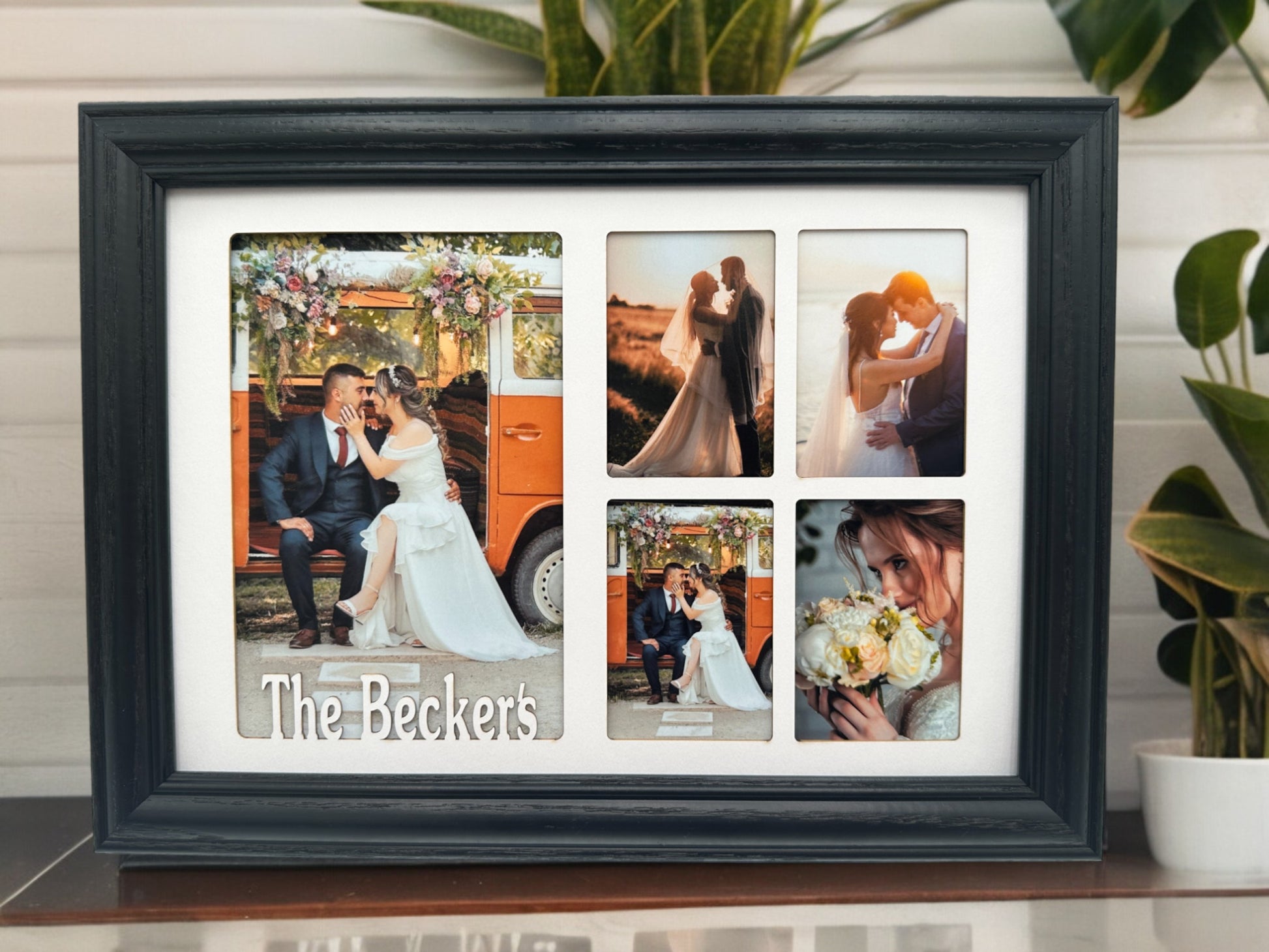 Custom wedding photo collage frame with four wallet-sized photos Personalized Wedding Picture Frame