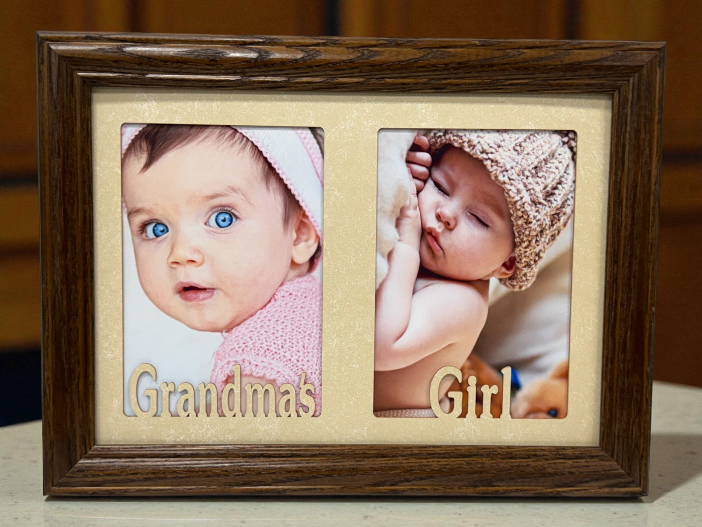 Grandparents Picture Frame with Grandma’s Girl text and two photo openings  Nana’s Boy collage frame handmade from oak wood