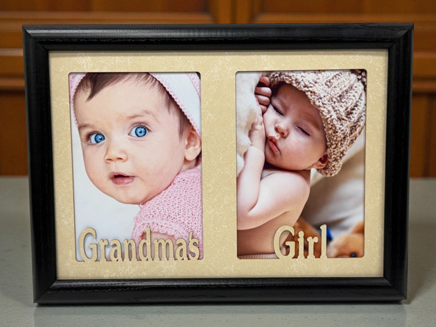 Grandparents Picture Frame with Grandma’s Girl text and two photo openings  Nana’s Boy collage frame handmade from oak wood