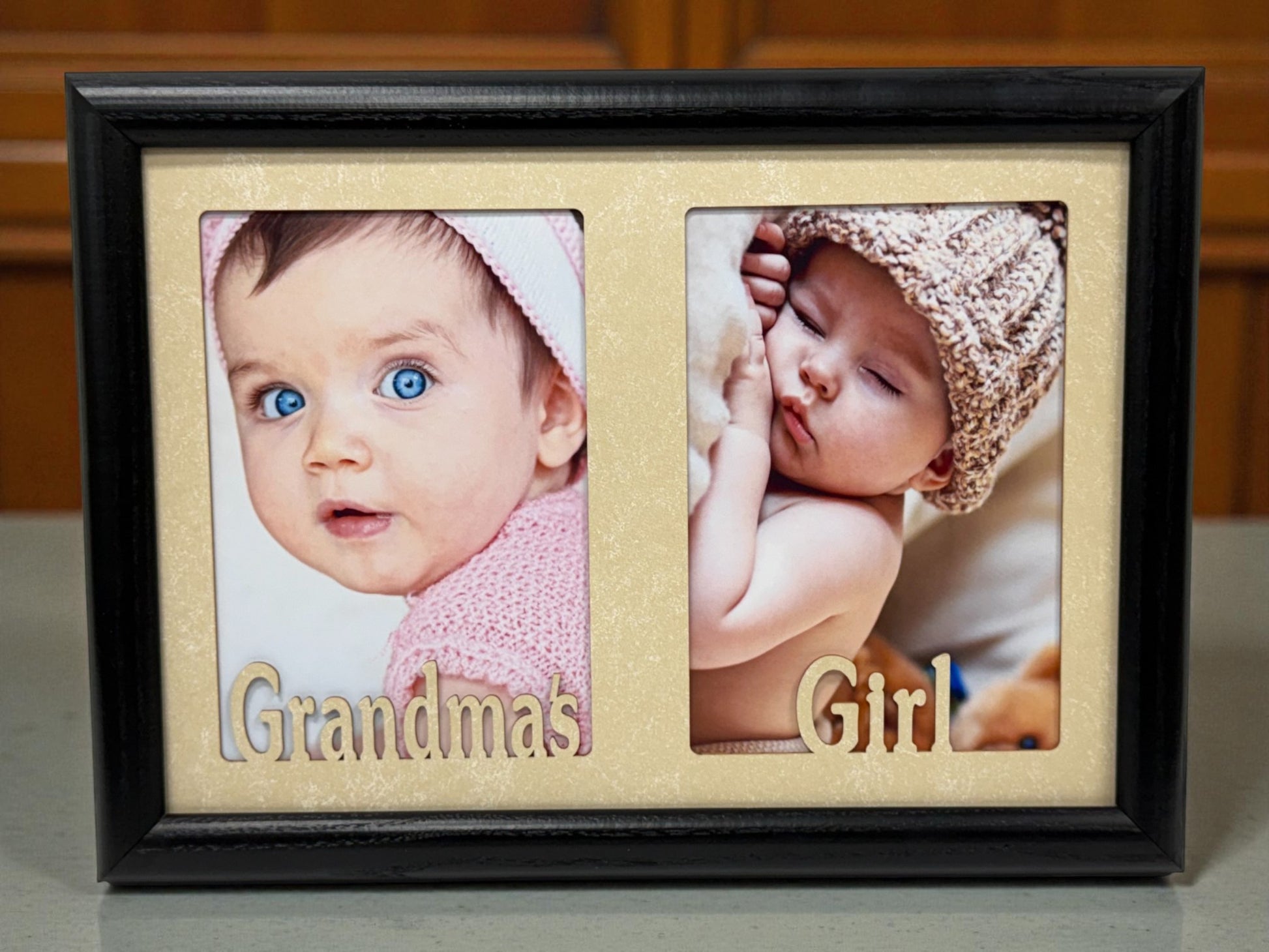 Grandparents Picture Frame with Grandma’s Girl text and two photo openings  Nana’s Boy collage frame handmade from oak wood