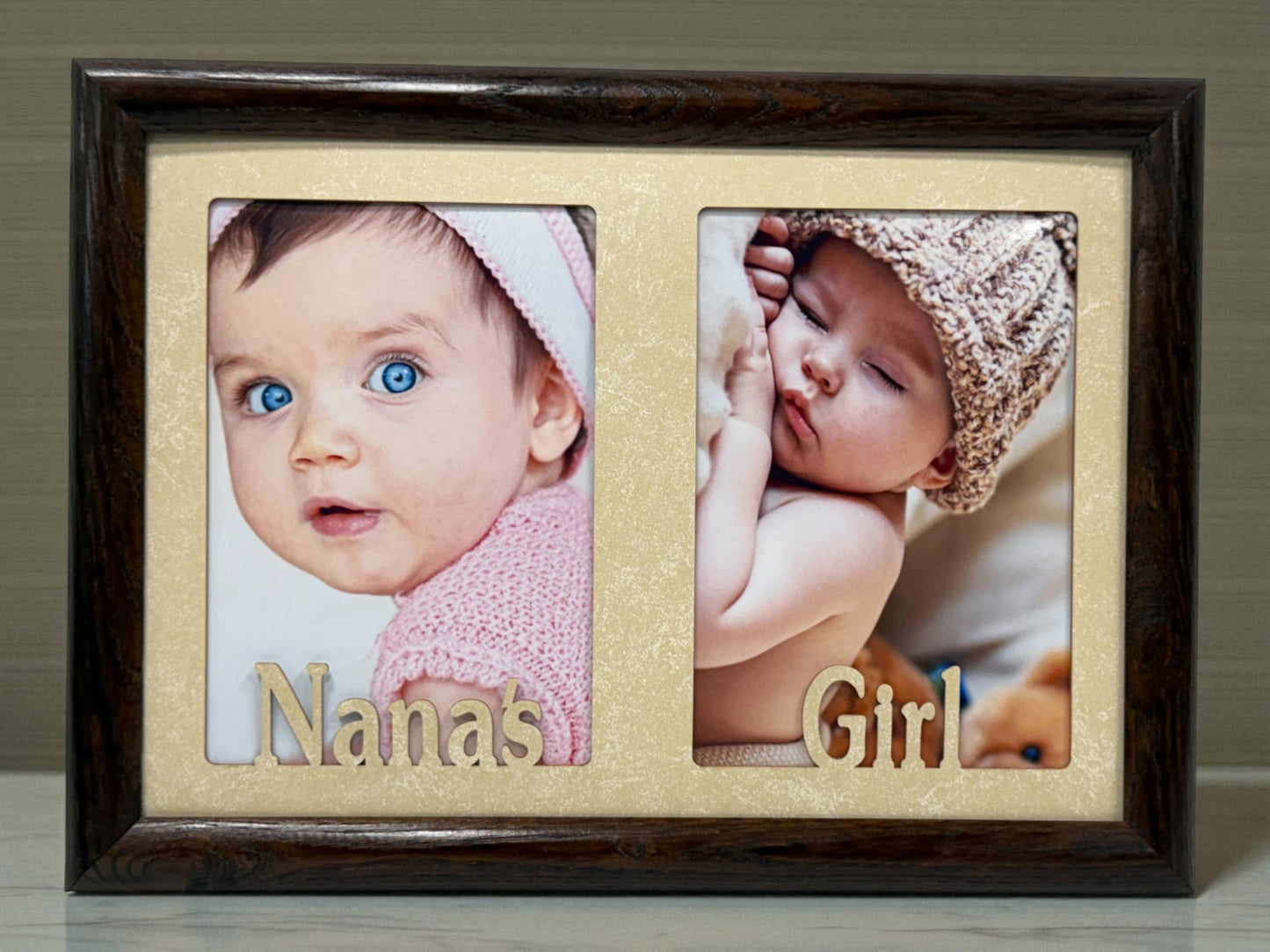 Grandparents Picture Frame with Grandma’s Girl text and two photo openings  Nana’s Boy collage frame handmade from oak wood