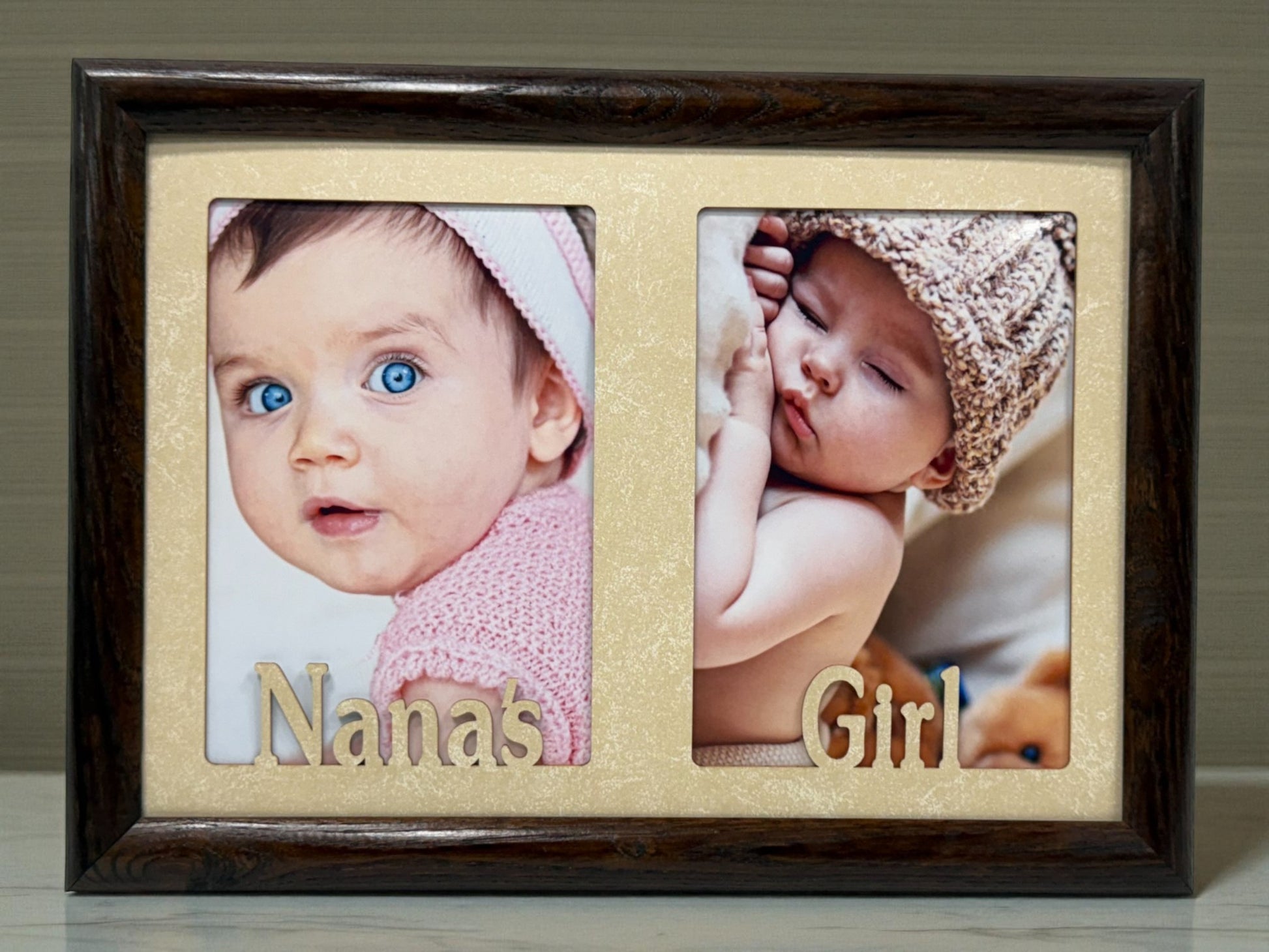 Grandparents Picture Frame with Grandma’s Girl text and two photo openings  Nana’s Boy collage frame handmade from oak wood