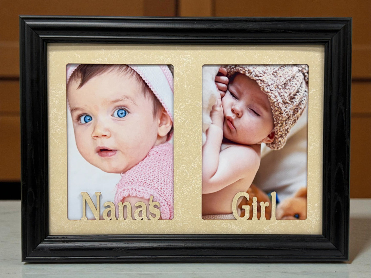 Grandparents Picture Frame with Grandma’s Girl text and two photo openings  Nana’s Boy collage frame handmade from oak wood