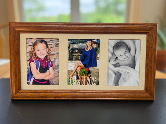 Custom Graduation Frame Triple Centered Handmade oak wood graduation frame with three 4x6 photos