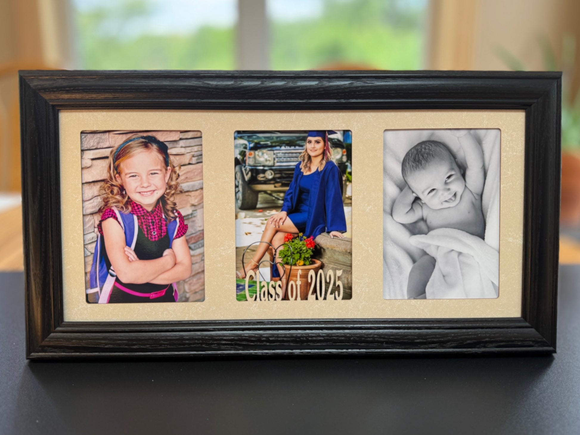 Custom Graduation Frame Triple Centered Personalized graduation photo collage holding wallet-sized photos