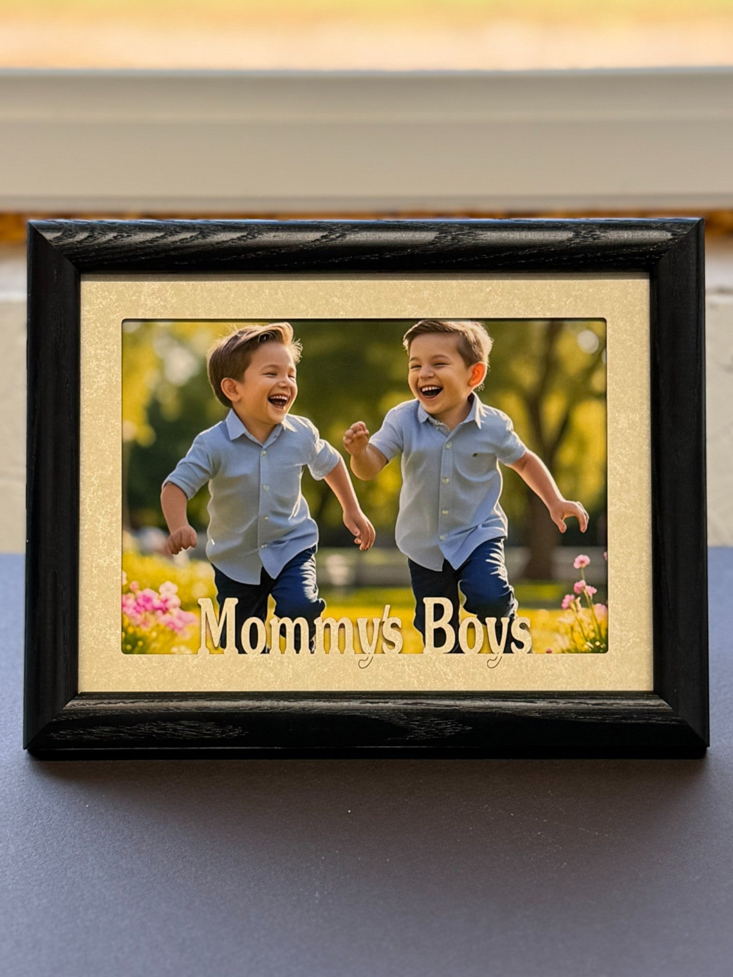 “Mommy’s Girls” picture frame with walnut finish on tabletop Mom Picture Frame